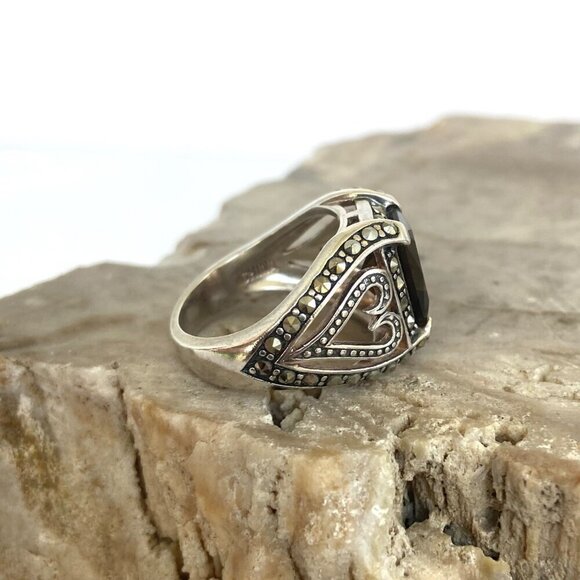 Sterling Silver 925A Rectangular Smoky Quartz & Marcasite Heart Ring Sz 5.75 - Picture 8 of 16